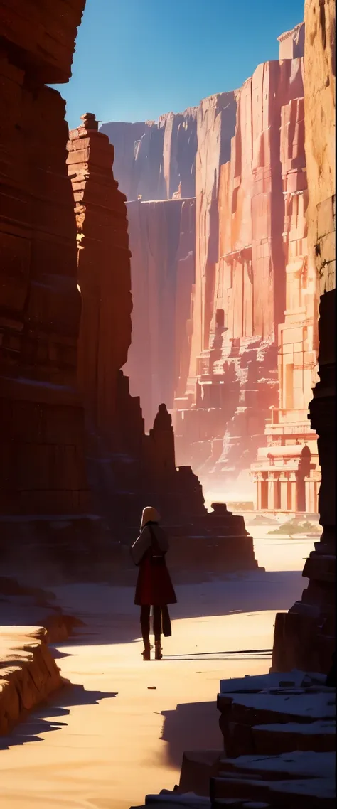 ((realistic light, best quality, 8k, muste piece: 1.3)), ((desert canyon turned red by the setting sun)), (a huge temple carved ...