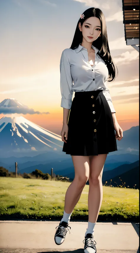 ((Face_mask):0.2), ((Beautiful 35_year_old japanese_woman with pale skin):1.5), ((long_black_hair):2), ((japanese_woodlands):1), ((sagging_breasts):1.8), ((breasts_apart):1.5), ((wearing loose_long_skirt and white_button_up_shirt and black_shoes):2), ((ful...