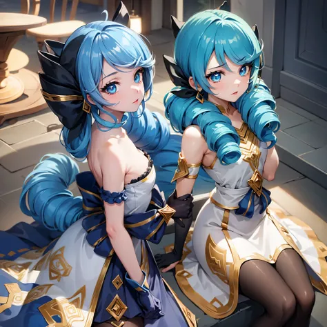 1 girl, masterpiece, best quality,（Disney style 1.4）, Highly detailed faces, perfect lighting, long hair, Double tail, Drill your hair, bow, blue hair, hair , blue eyes, gwyn, skirt, long-sleeved gloves, knitted stockings