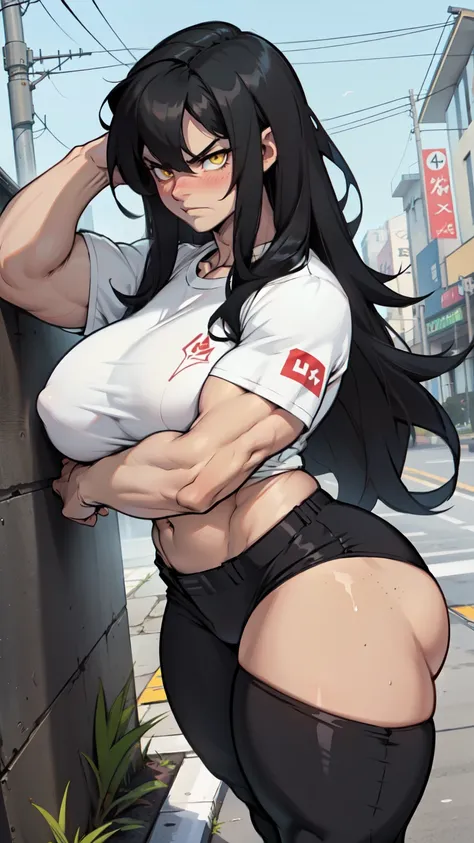 1girl, extremely long hair, solo, ((muscular)), veins, black hair, yellow eyes, blushing, thick thighs, pale skin, strong, veins, abs, big thighs, huge breasts, navel, standing, angry, tight pants, tight shirt