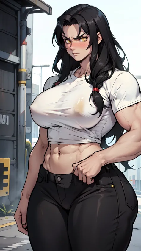 1girl, extremely long hair, solo, ((muscular)), veins, black hair, yellow eyes, blushing, thick thighs, pale skin, strong, veins, abs, big thighs, huge breasts, navel, standing, angry, tight pants, tight shirt