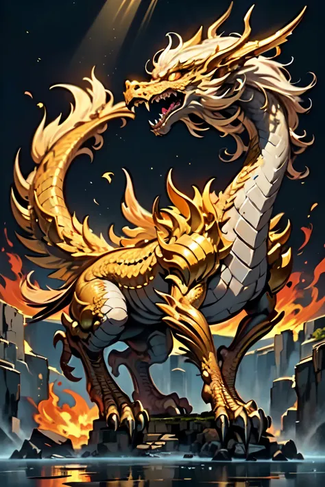 (a majestic close-up of a legendary golden dragon - vibrant, flying sky, scales reflecting sunlight - intricate details, fiery e...