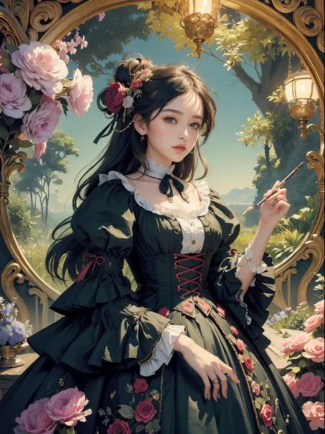 (masterpiece、quality、quality、Detailed and complex、official art、aestheticly pleasing:1.3)、(1 girl in:1.3)、(fractal art:1.3)、Extremely colorful、vivid、victorian era clothing