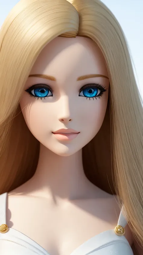 blond Barbie princess, Delicate detailed face, detailed white skin texture, long golden hair, adorable, Clean, soft smile, blue eyes, glowing retina, white dress, fresh flowers, golden frame, center, Disney style, high resolution, official art, unreal-engi...