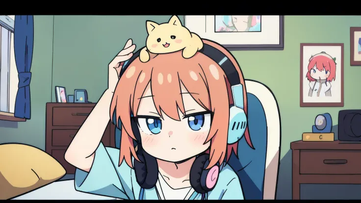 there is a woman sitting on the chair with headphones on her head listening to music, photo taken in the bedroom, digital anime illustration, portrait of Lofi , 4k anime style, girl wearing headphones on her head , Praise Artstyle, with headphones on her h...