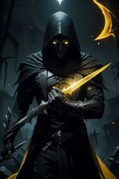 Dark Assassin with daggers in his hands and yellow eyes, fundo escuro, dark, destruction, energia de raios amarela em volta