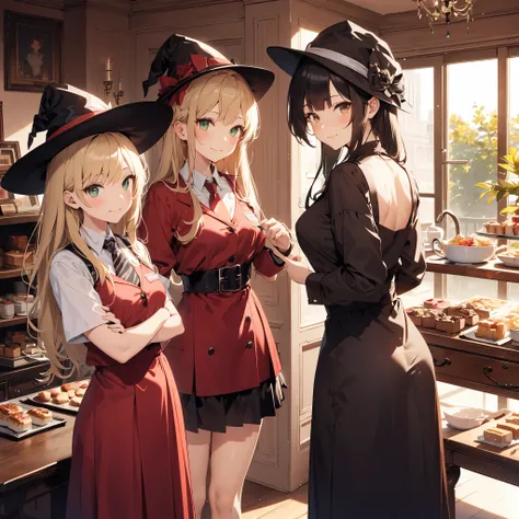 two witch girls with long hair and dresses standing in front of tea room, multiple girls, 2girls, hat, mob cap, blonde hair, necktie, dress, green eyes, skirt, shirt, brown hair, smile, red dress, brown eyes, looking at viewer, short sleeves,over knee sock...