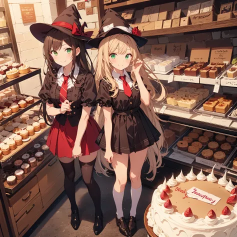 two witch girls with long hair and dresses standing in front of cake shop, multiple girls, 2girls, hat, mob cap, blonde hair, necktie, dress, green eyes, skirt, shirt, brown hair, smile, red dress, brown eyes, looking at viewer, short sleeves,over knee soc...