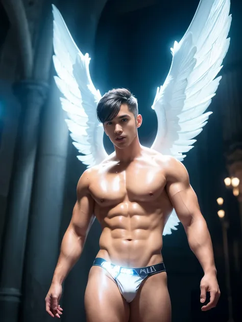 ultra high res, best quality, photo, 4k, (photorealistic:1.4), cinematic lighting, a young male angel with large translucent wings,muscular man, abdominal muscle, wearing nothing, completely naked,Realistic, fully naked, nude, perfect male , correct male s...