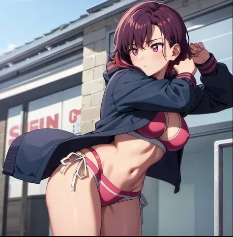 a girl on the street,1girl, alone,Shizuka mikazuki, short hair, red hairpin, dark purple hair, purple eyes, pink sport bra, pink sport short, dark purple thighthigh, blue pink shoes, colorful jacket, outdoor
high quality, best quality, ultra detailed, mast...