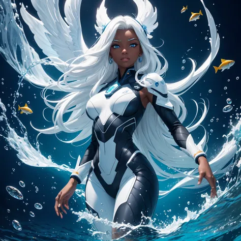 8k, ultra high definition, unreal engine, ultra detailed, ultra high resolution, ultra focus, beautiful girl, dark skin, marine ears, nebula eyes, gills on neck, white hair, wet flowing hair, gorgeous thick body, under water, bubbles everywhere, ultra deta...