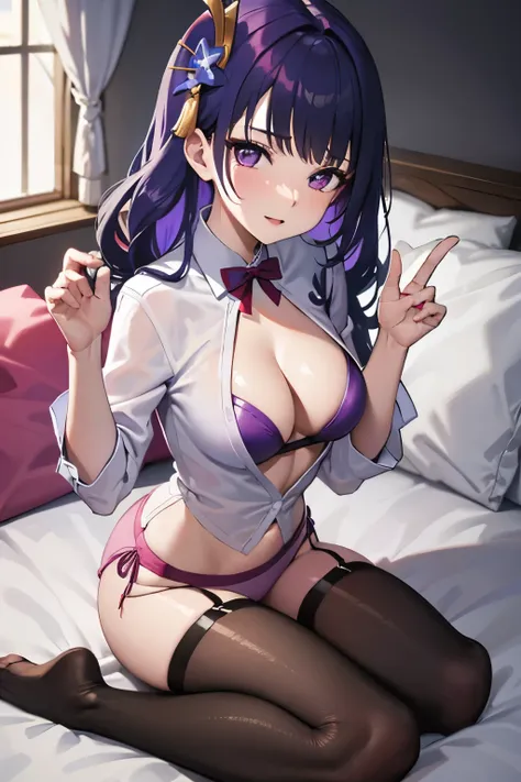 shogun 
purple hair sitting on the bed on all fours wearing a pink bikini with a floral pattern, stockings and a transparent mini shirt 
pantyhose