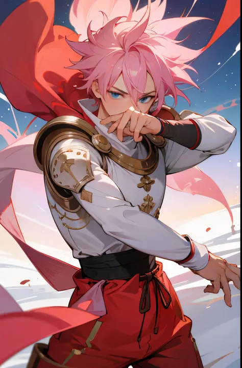 ((best quality)), ((masterpiece)), (detailed), perfect face , Pink Hair , Blue Eyes , Spiky Hair , White Longsleeve shirt , Armor Shoulderpiece on one shoulder, Baggy Red Pants  , 1male , Martial Arts Clothing , Space Clothing , Muscular , White Scarf