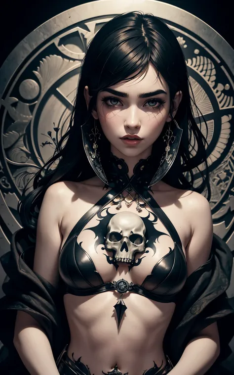 (Dua Lipa) is a beautiful charming vampire queen sitting on a throne, carved out of dark smoke, pale skin,dark fantasy background, black, circular colored smoke, waves of shadows at night, abstract skull ornaments, messy hair, soft colors, flat 4d street a...