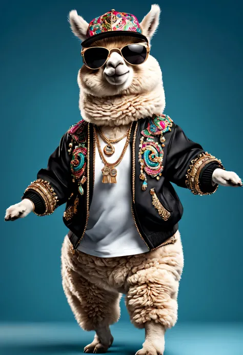 photorealistic portrait of Dressed animals - a fat baby alpaca hip hop dancer,(hip hop dancing dynamic action pose), high quality,(lovely) ,intricate details, highly detailed ((hip hop fashion)) ,highly detailed decorations, wearing sunglasses, (happy), st...