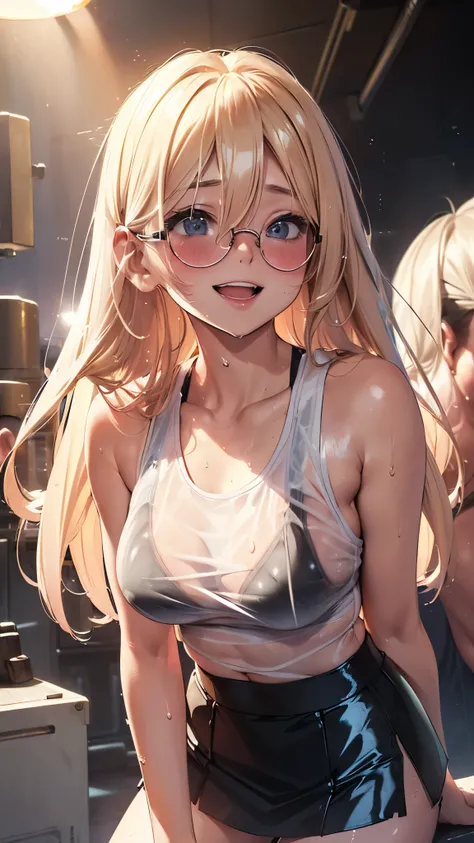 1 female,golden hair,25 years old,(((Blue shiny micro tight skirt)))((white tank top))(((blush cheeks、open mouth smile)),(((straight hair))),(((Portrait))),crowd,,(wet with sweat)(Sexy black bra with see-through tank top)(glasses)(((small breasts)))