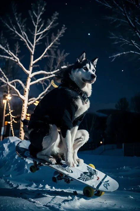 siberian husky riding skateboard