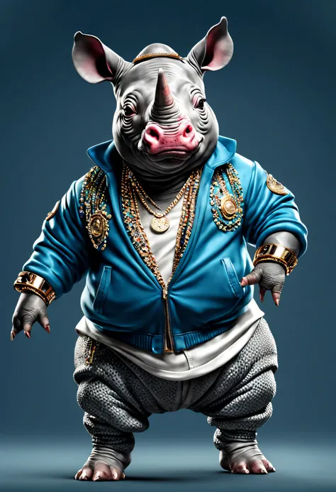 photorealistic portrait of Dressed animals - a fat baby rhino hip hop dancer,(hip hop dancing dynamic action pose), high quality,(lovely) ,intricate details, highly detailed ((hip hop fashion)) ,highly detailed decorations, wearing sunglasses, (happy), stu...