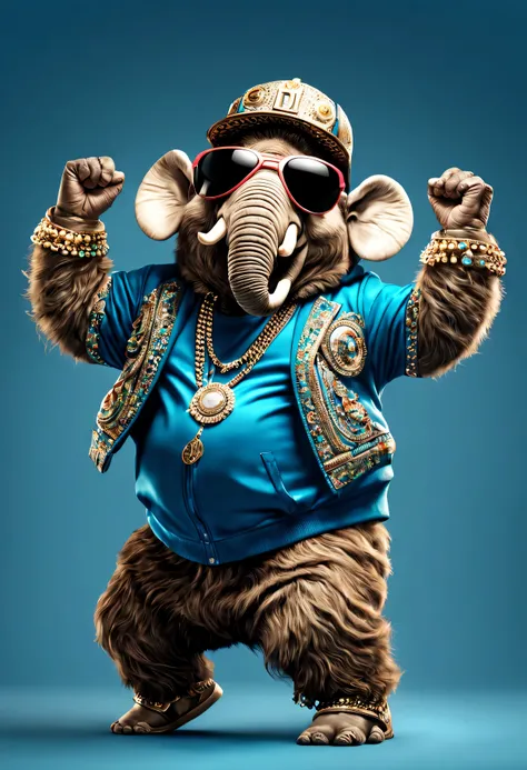 photorealistic portrait of Dressed animals - a fat baby mammoth hip hop dancer,(hip hop dancing dynamic action pose), high quality,(lovely) ,intricate details, highly detailed ((hip hop fashion)) ,highly detailed decorations, wearing sunglasses, (happy), s...