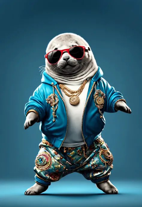 photorealistic portrait of Dressed animals - a fat baby seal hip hop dancer,(hip hop dancing dynamic action pose), high quality,(lovely) ,intricate details, highly detailed ((hip hop fashion)) ,highly detailed decorations, wearing sunglasses, (happy), stud...