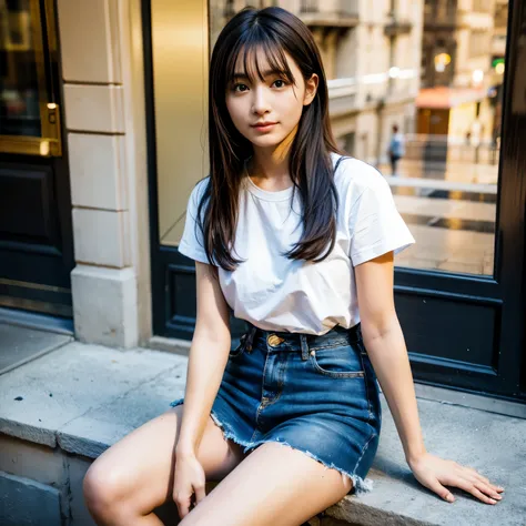 1 girl,(black hair medium long)(beautiful hair), actress, smile, shiny skin, highest quality, masterpiece, (realistic:1.4), Terrace seats, ue, France, Paris, denim mini skirt (realistic fabric), white short sleeves (Cotton fabric), (No logo), thin fingers