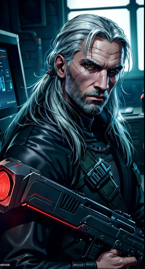 geralt of rivia , cyberpunk edition,8k quality, ultra realistic,, high tech outfit