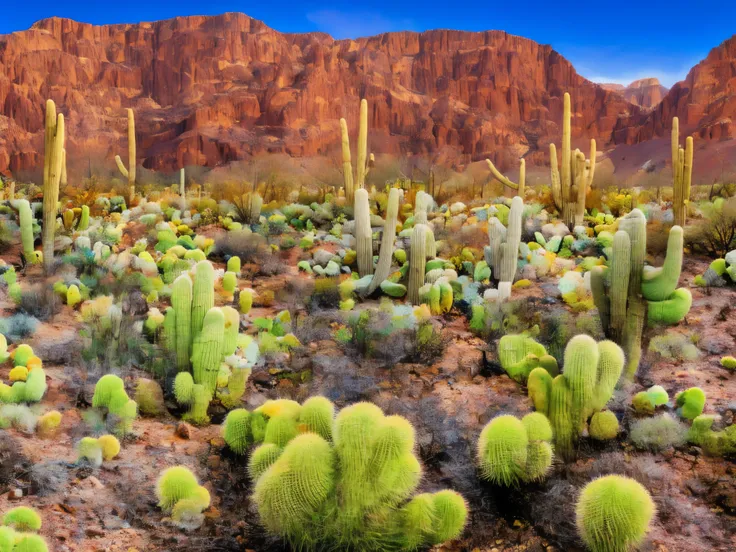 desert canyon, ((detailed rocks and cliffs)), cacti and desert plants, palm trees in the distance, crystal-clear blue sky, best ...