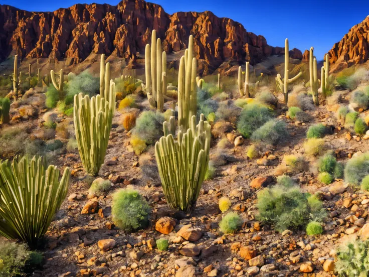 desert canyon, ((detailed rocks and cliffs)), cacti and desert plants, palm trees in the distance, crystal-clear blue sky, best ...