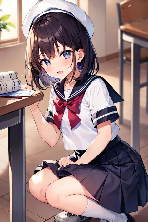 masterpiece、Highest image quality、ultra high resolution、well developed girl、elementary school girl、short hair、red face、mock、Please open your mouth just a little、short sleeve sailor suit、kids mini skirt、kids white beret、kids knee socks、inside the classroom