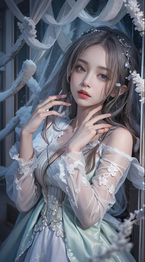 （8k，original photo， best quality， masterpiece：1.2），（realistically， Shoot real：1.4)，hide your face from sadness，
Lolita costume，lace， Alice Gainsborough， upper part of body，thigh，lace， underwear，bare shoulderternal， (external，blanketed in a mantle of snow，c...