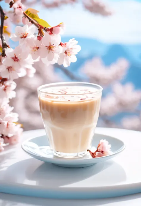 A cup of milk tea on a white counter, surrounded by pink cherry blossoms, light blue sky, natural light, commercial photography, real shot, canon camera, centered composition, HD 8k