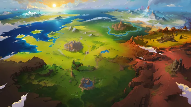 A fantasy world map with lakes and mountains, Colorful concept art, Fantasy world concept, stylized concept art, Magic battlefield background, concept world art, epic scenery, game map, Depicted as game concept art, Isometric Fantasy Map, game map matte pa...