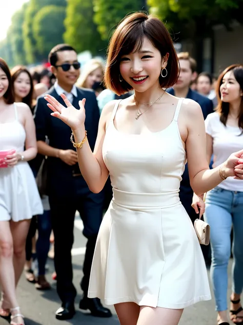 Woman waiting for people on street corner in transparent clothes、highest quality、Girl 1ten mens、big and full breasts、Day、bright、blur background、Bokeh、outside the house、(Street style:0.8)、(human々、a large crowd gathers:1)、Gorgeous(Very short hair、amount:1.2)...