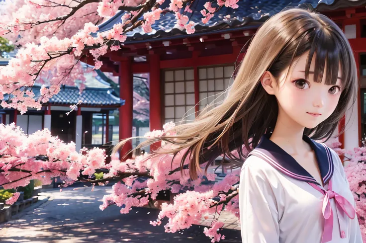 anime-style portrait of japanese junior high school girls standing under spring cherry blossoms. she is looking to the side, her...