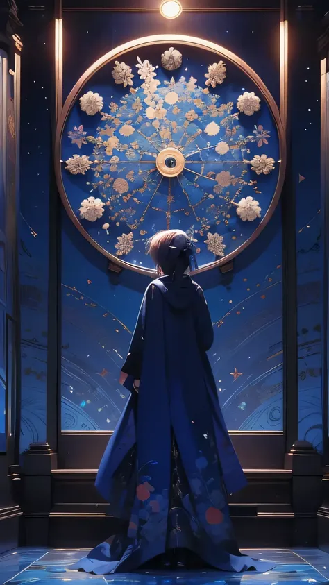 anime opening,(1girl),solo,a dreamscape aesthetic in Cobalt blue theme atmosphere,mosaic background,happy,floral,(wallpaper style),movie trailer,cinematic,screencap,still shot,true perception,comfortable,