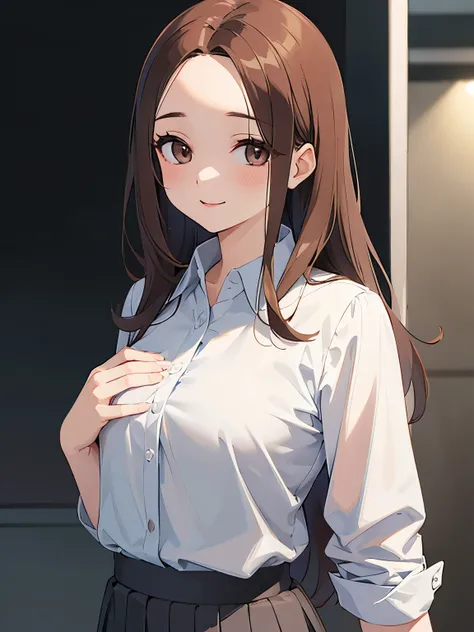 upturned eyes, Placing hand on chest, masterpiece、highest quality、 forehead, A 25-year-old woman with light chestnut medium-long hair and brown eyes.、Wearing a gray suit, wearing a white blouse、wearing a gray skirt、smiling expression, shy, walking、The back...