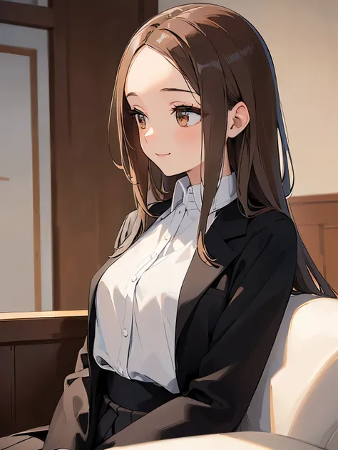 (looking away:1.5), masterpiece、highest quality、 forehead, A 25-year-old woman with light chestnut medium-long hair and brown eyes.、wearing a black suit, wearing a white blouse、wearing a gray skirt、smiling expression, shy, sitting、The background is indoors...