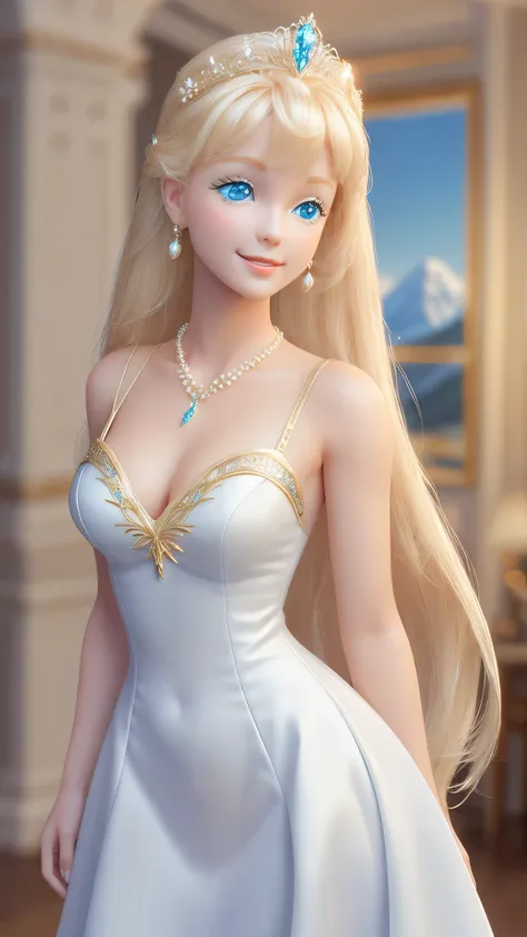 blond Barbie princess standing, Delicate detailed face, animated, detailed white skin texture, long golden hair, adorable, Clean, wide smile, glowing blue eyes, blue colored pupil, white dress, luxurious tiara, gloss, fresh flowers, landscape, ocean, mount...