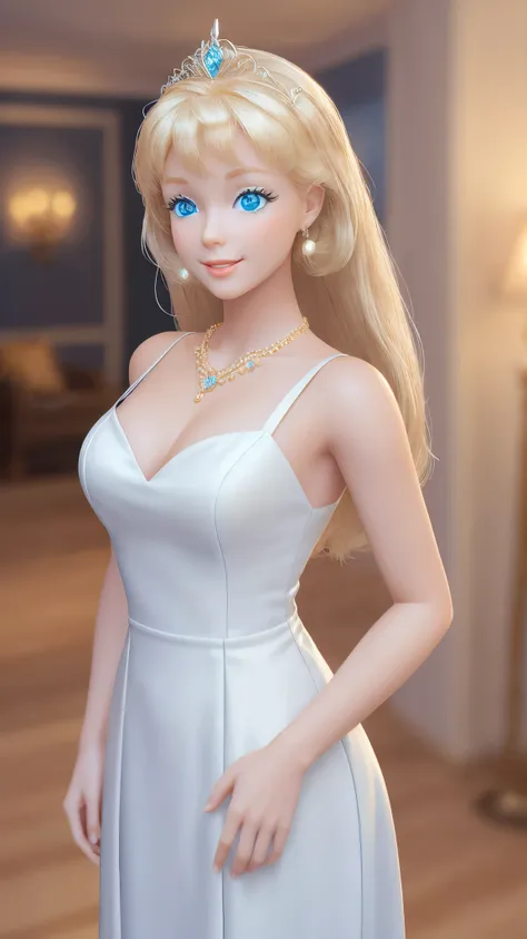 blond Barbie princess standing, Delicate detailed face, animated, detailed white skin texture, long golden hair, adorable, Clean, wide smile, glowing blue eyes, blue colored pupil, white dress, luxurious tiara, gloss, fresh flowers, landscape, ocean, mount...