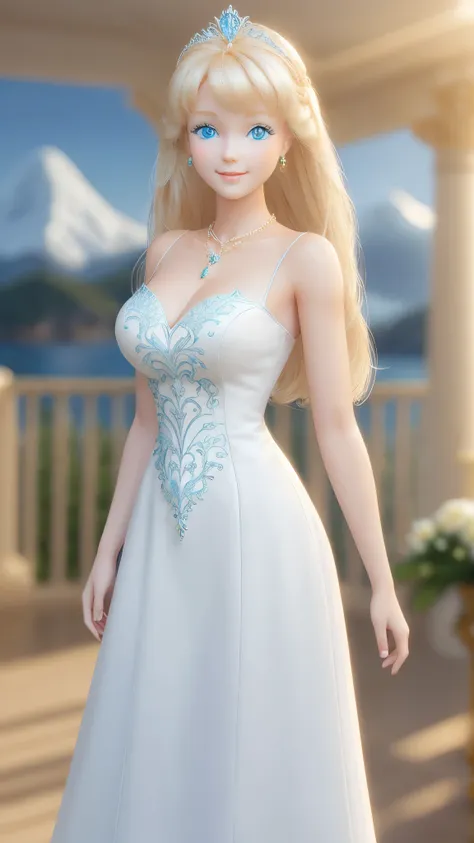 blond barbie princess standing, delicate detailed face, animated, detailed white skin texture, long golden hair, adorable, clean...