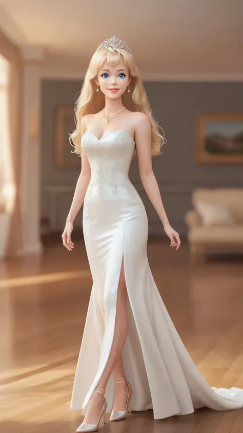 blond barbie princess walking on a runway, delicate detailed face, animated, detailed white skin texture, long golden hair, ador...