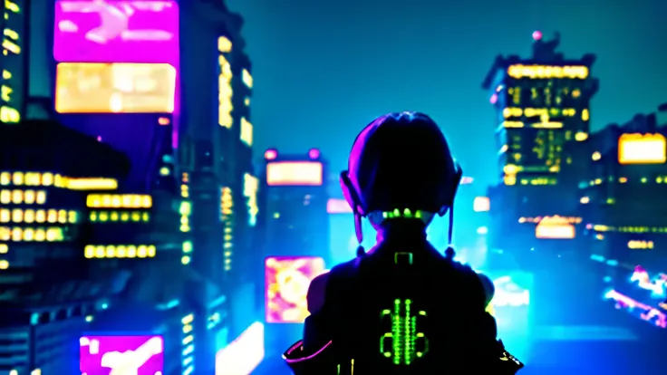 highest quality))、((masterpiece)、cyberpunk、a 12-year-old girl looks at the city from the roof of a building.、cyberpunk fashion、n...