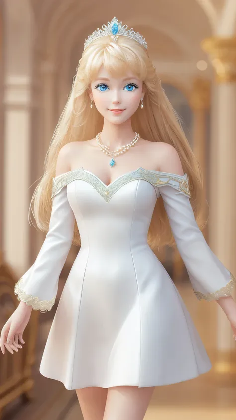 blond barbie princess walking on a runway, delicate detailed face, animated, detailed white skin texture, long golden hair, ador...