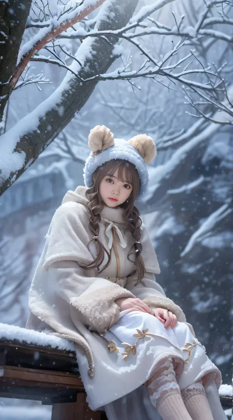 ((Works of masters))，(ultra high resolution)，1 girl, sitting, lolita costume，cloaks (Snow, Outdoor activities in winter:1.2),Outside the castle，8K，Detailed content，laught，