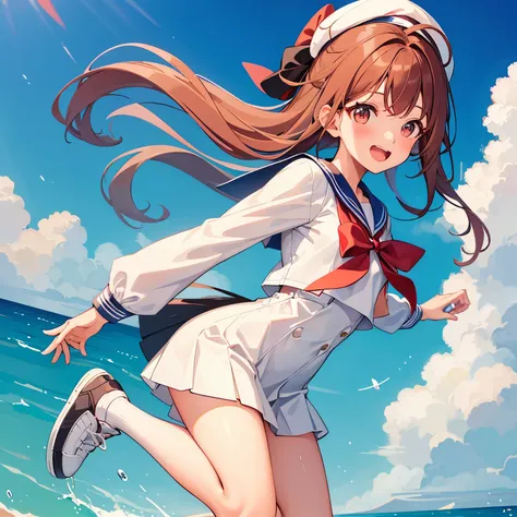 a girl wearing a white long-sleeved sailor suit、　brown colored long hair、red ribbon eyes、cute、no hat、jump、flying in the sky、fly ...