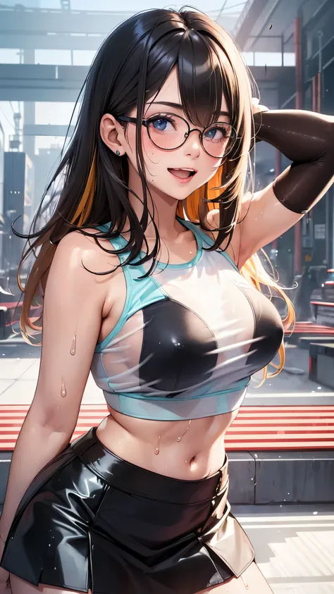 1 female,golden hair,25 years old,(((Blue shiny micro tight skirt)))((white tank top))(((blush cheeks、open mouth smile)),(((straight hair))),(((Portrait))),crowd,,(wet with sweat)(Sexy black bra with see-through tank top)(glasses)(((small breasts)))