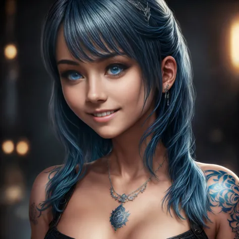 masterpiece, 最high quality, high quality, very detailed CG uniform 8k wallpaper, 1 girl, alone, blue hair, tattoo, short hair, have, jewelry, smile, necklace, looking at the audience, have, realistic, open your mouth, teeth, upper body whole body, vest, no...