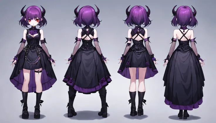 Purple short-haired devil wears gothic skirt, Three views front view, Left view, Rear view