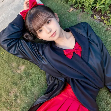 masterpiece, highest quality, Femonica, hair bun, Mitsuami, red bow, Black jacket, black skirt, Red pantyhose, upper body whole body, From above, sleeping on one&#39;s back, Grass, looking at the viewer, tired, smile, garden 