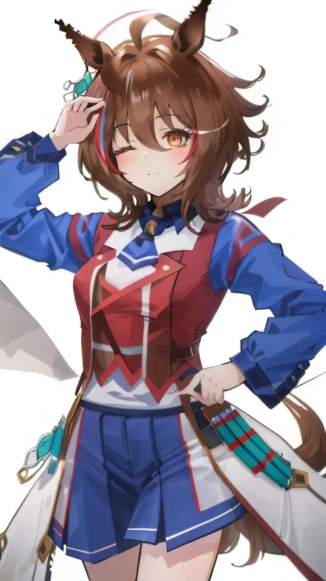 Cool pose Uma Musume Agnes Tachyon wolf cut brown hair Uma Musume an anime girl with eyes closed and short hair holding her hand out, 1girl, t (umamusume), animal ears, brown hair, horse ears, solo,, streaked hair, horse girl, Run